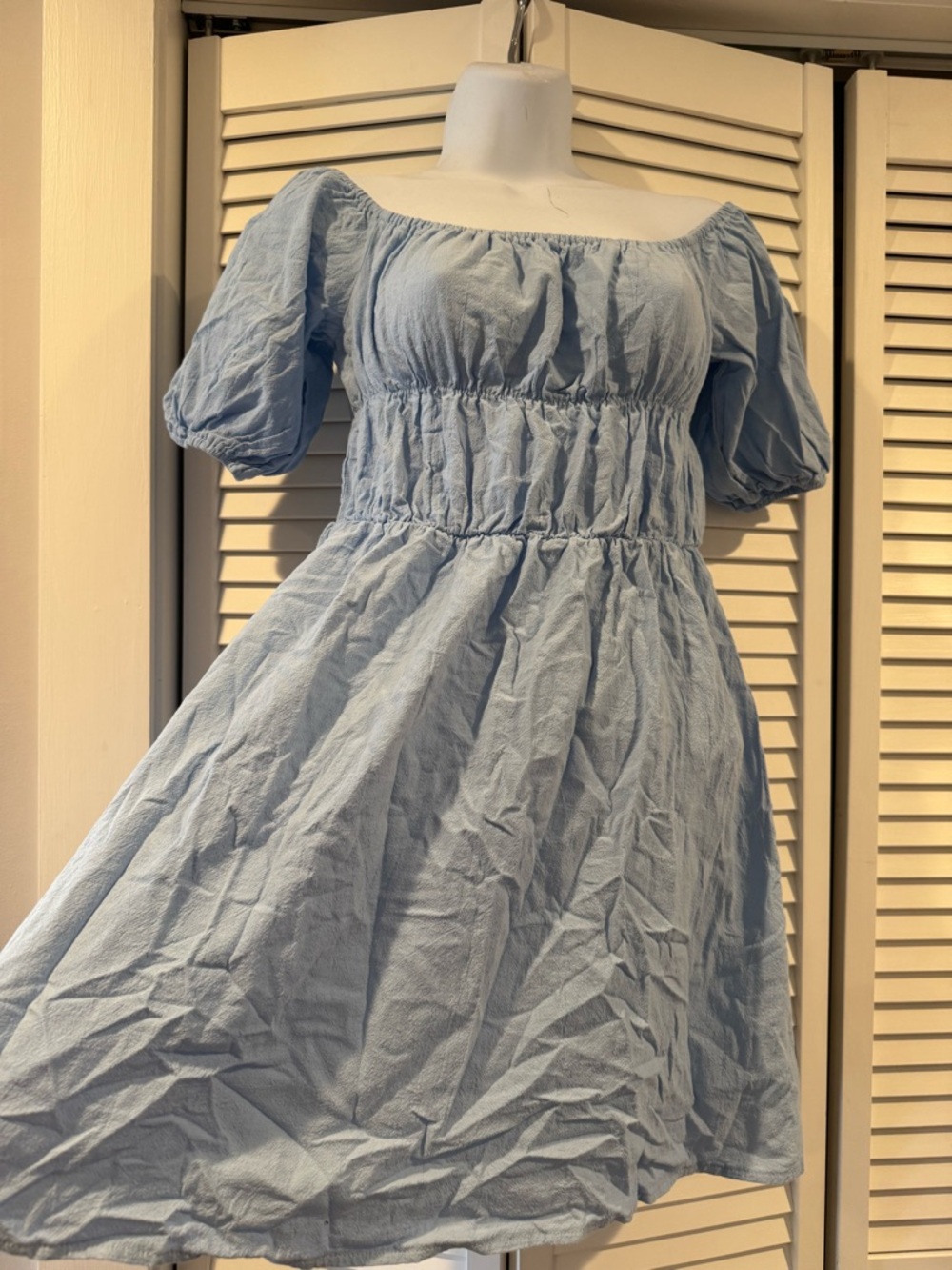 Light Blue Puff Sleeve Smocked Waist Dress
